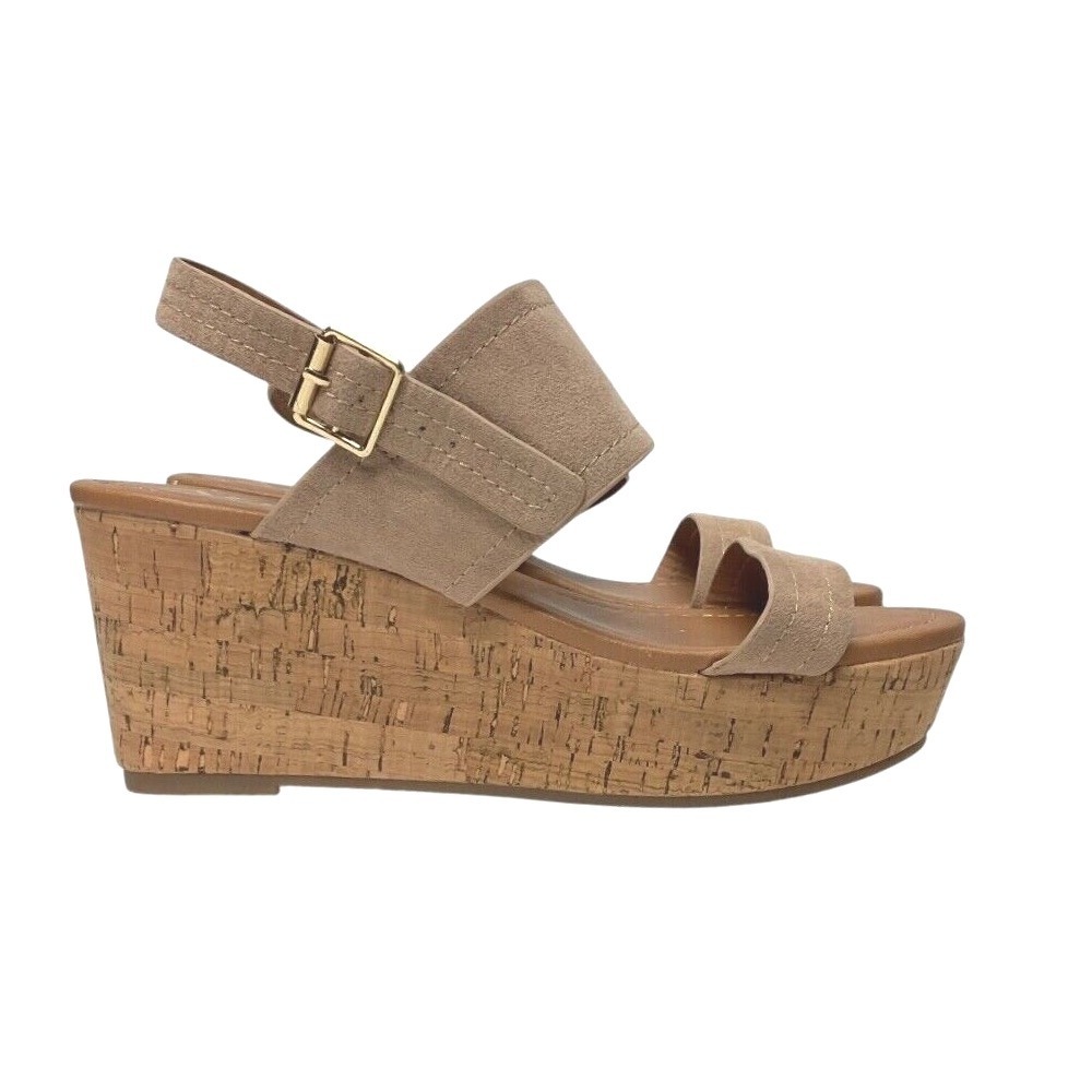 Arula Women's Suede Ankle Strap Platform Cork Wedge Sandals Neutral Size 8